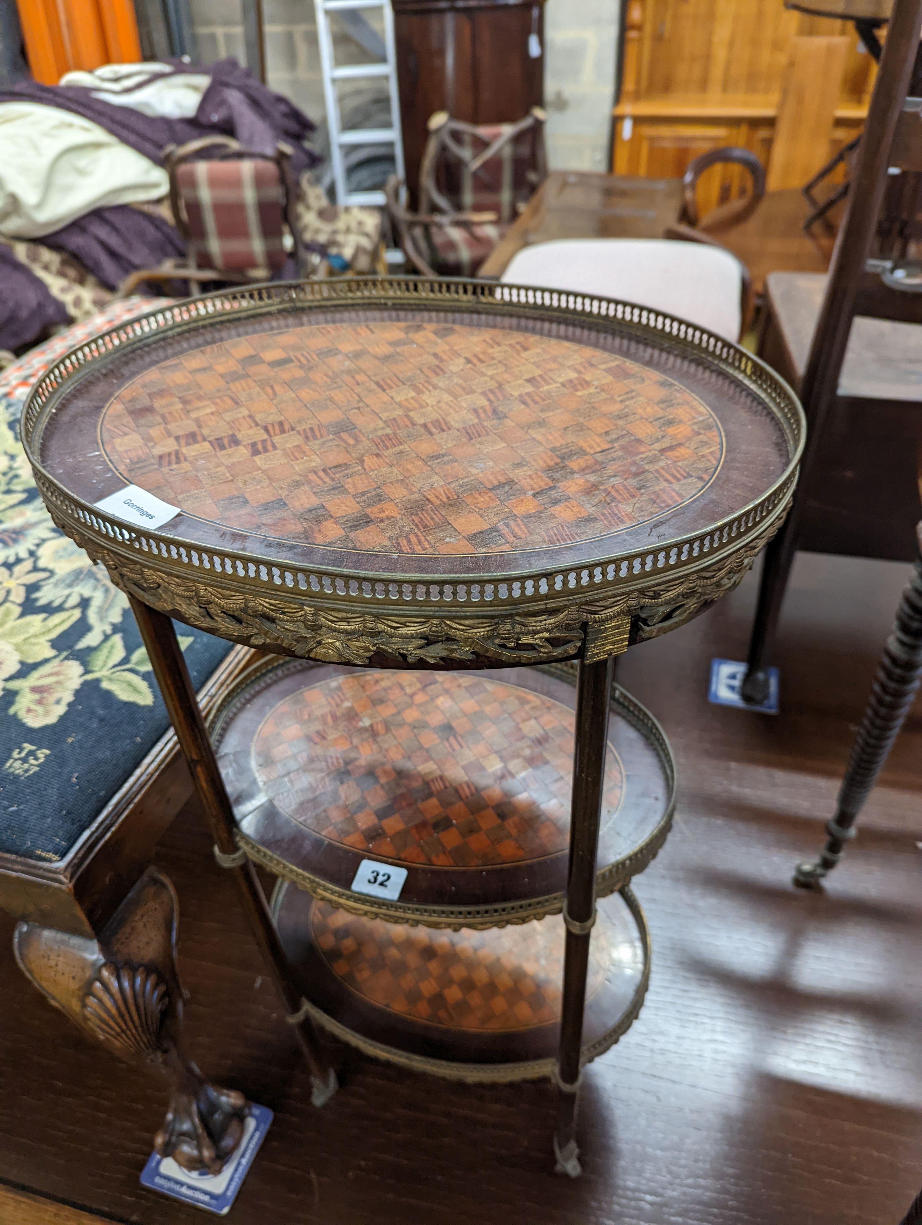 A 19th century French parquetry inlaid gilt metal mounted three tier etagere, width 40cm, depth 30cm, height 72cm